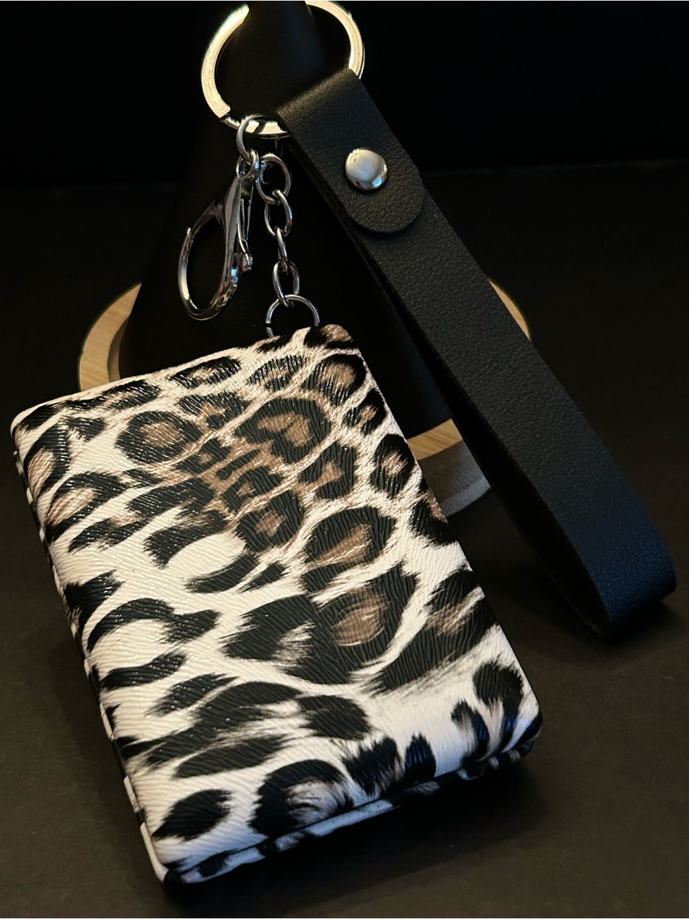 Leopard 🐆 Print Dual Sided Compact Mirror Keychain Black, White & Brown w/Strap